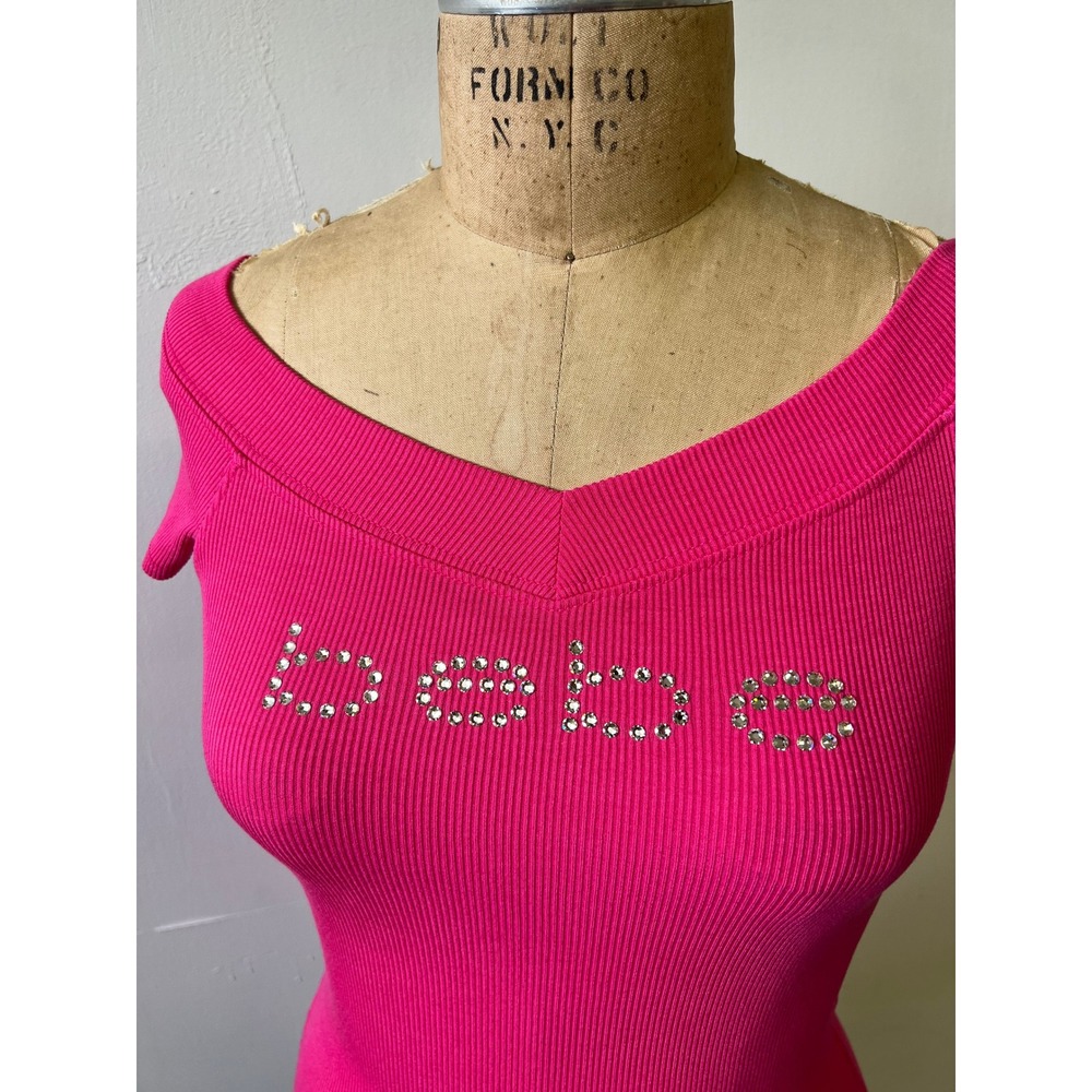 Bebe Hot Pink Rhinestone Logo Ribbed Off Shoulder V-Neck Top Small Y2K USA Made